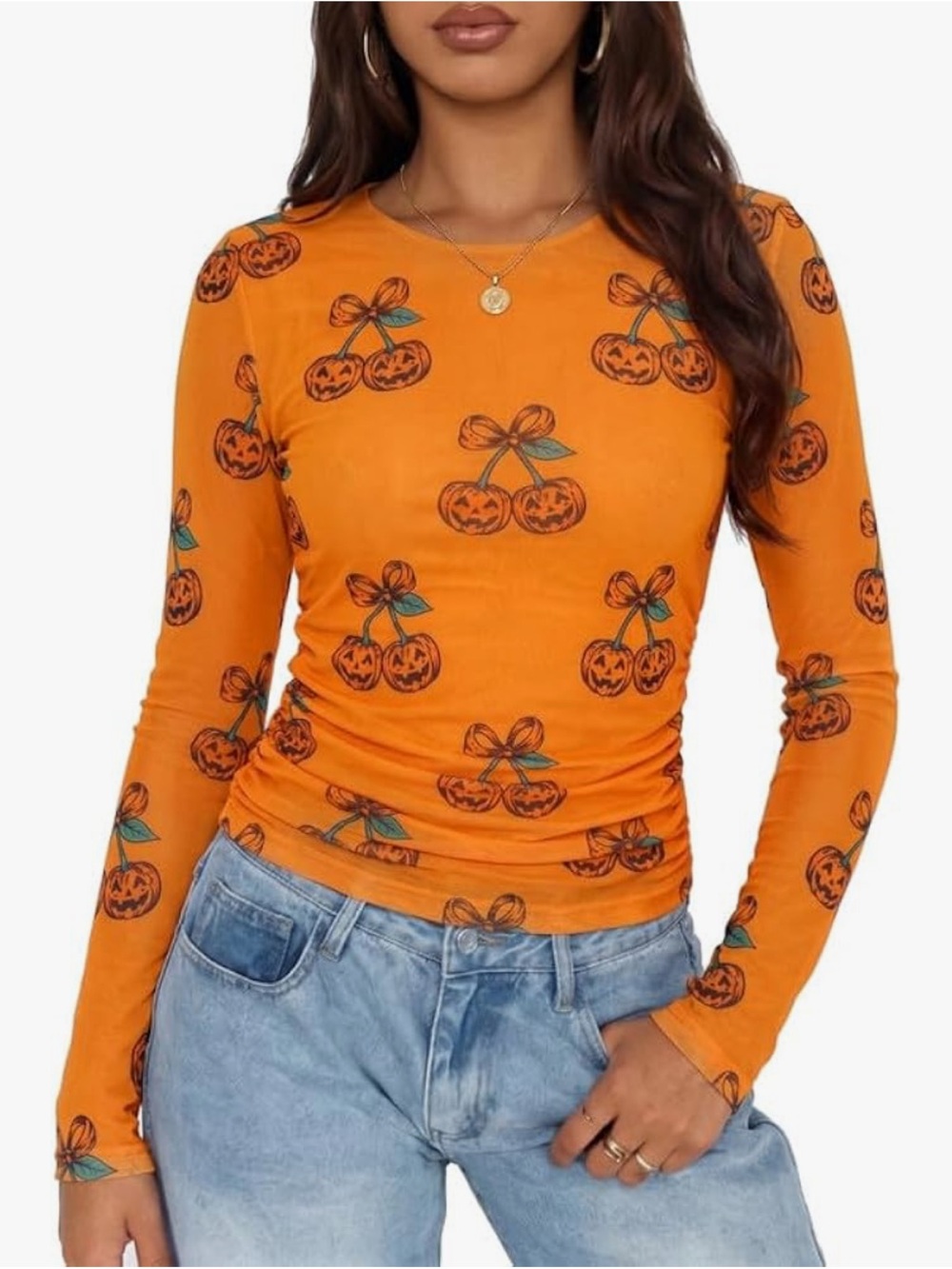 Mesh Orange Pumpkin Print Long Sleeve Ruched Top